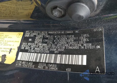 2007 Lexus Rx 350 из США, поврежденный, VIN 2T2GK31U67C012886